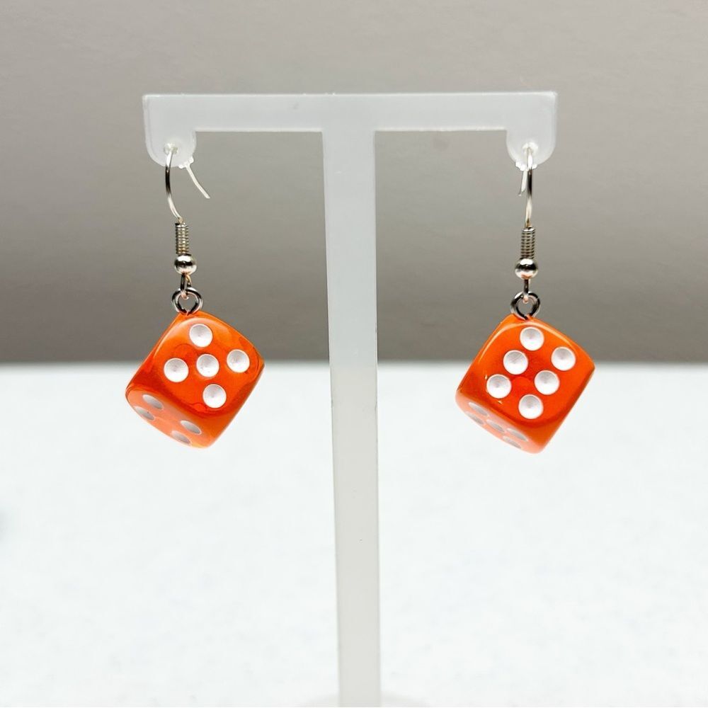 Novelty Earrings Dice Orange 6-Sided Silver Color Ear-wire